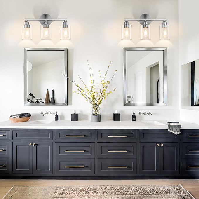 3-Light Bathroom Vanity Light Fixture,Silver,17.3" | Modern Wall Lamp for Mirror, Clear Glass Shade