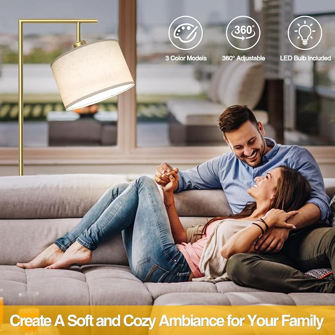 63" Gold Floor Lamp for Living Room, Modern Standing Lamp, 1 Pack | 3 Color Temperatures, Adjustable Beige Linen Lampshade, For Living Room Bedroom Office Classroom Dorm, 9W LED Bulb Included