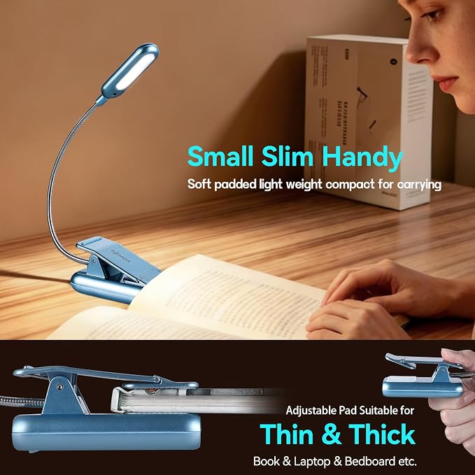 VAVOFO Rechargeable Reading Light, 7 LEDs with 9 Color Temperature 9 Brightness Levels Clip On Book Light for Reading in Bed with Power Indicator for Bookworms (Silver Blue)