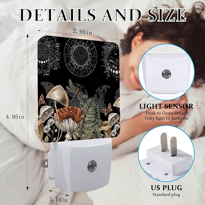 Vintage Mushroom Night Light, Plug-into Wall Moom Phase Nightlight Lamp with Dusk to Dawn Sensor, Led Lamp 0.5W Energy Efficient for Boys Girls Adults Home Decor