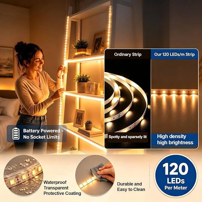 ZSLAIFU Warm 6.6FT LED Light Strips Battery Powered Battery Operated LED Lights 120 LEDs Strip Lights for Cabinet Closet Shelves DIY Lighting