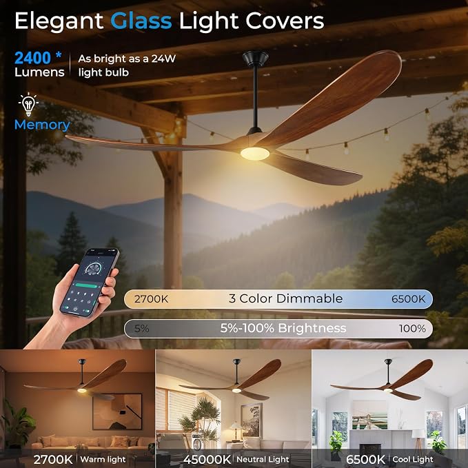 72 inch Outdoor Ceiling Fan with Lights-Glass Lamp, Large Damp Rated Wood Propeller Blades for Big Patios & Porch, Smart APP and Remote Control, 3 Blades Dimmable LED Ceiling Fans, High CFM-Walnut