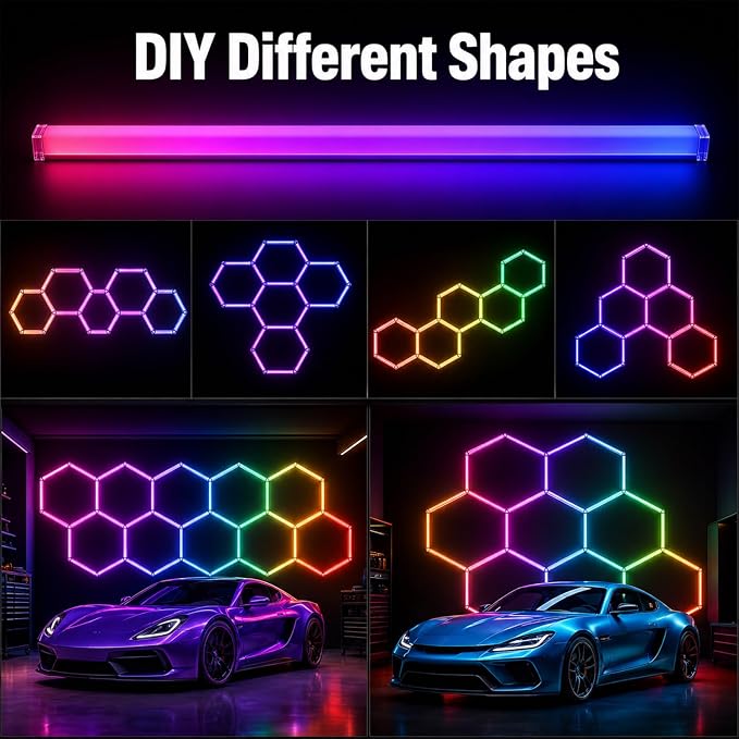 RGB Hexagon LED Garage Lights, 7 Hexagons 31 Tubes, App & Remote Control Color Changing Honeycomb Wall Ceiling Lights for Garage, Gaming Room, Gym, Car Detailing Shop