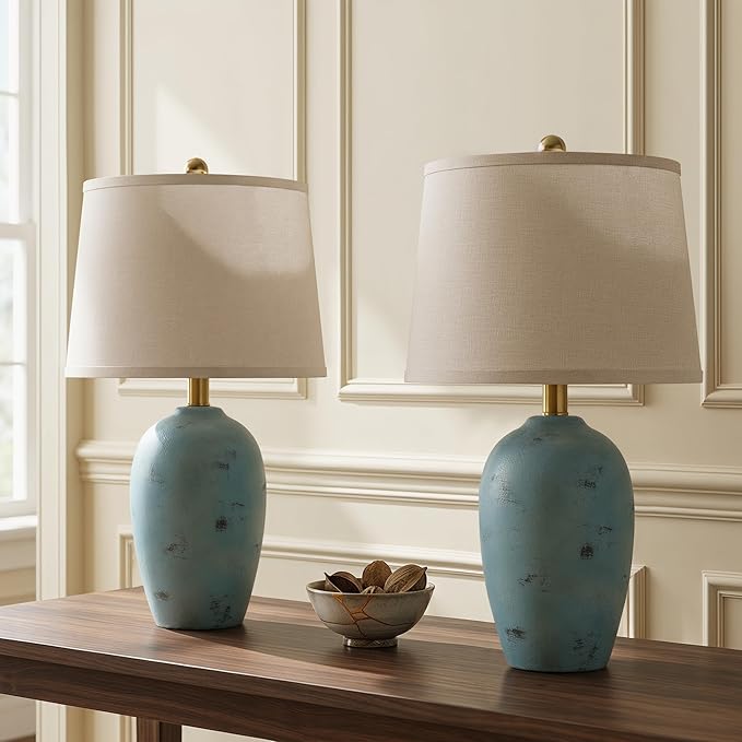 AIEAMPDO 21'' Set of 2 Coastal Small Ceramic Lamps for Bedroom | Traditional Nightstand Bedside Desk Table Lamp for Living Room Office Dorm, 2 Bulbs Included