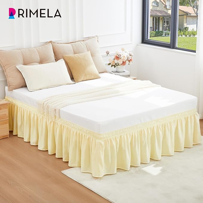 RIMELA Full Bed Skirt 15 Inch Drop, Wrap Around Elastic Bedskirt Solid Microfiber Luxury Hotel Quality Fabric, Easy to Install Machine Washable Wrinkle & Fade Resistant, Light Yellow