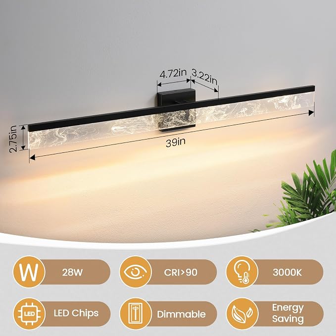 AIJIASI Bathroom Light Fixtures Over Mirror, 39 Inch Bathroom Vanity Light Black LED Vanity Light Bar, 28W Dimmable Modern Bath Vanity Lighting Fixtures Wall Mount 3000K