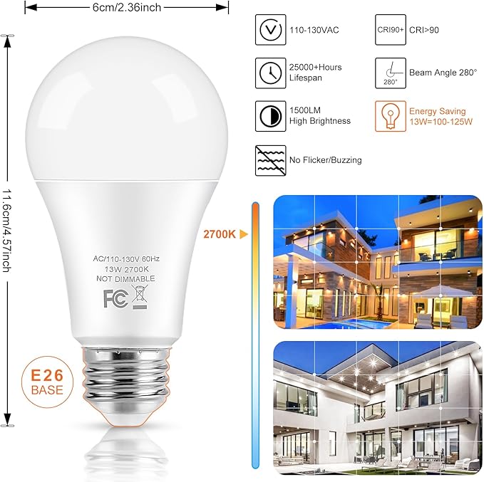 LED Light Bulbs, 100 Watt Equivalent A19 LED Bulbs, 13W 2700K Warm White 1500 Lumens Non-Dimmable Bright E26 Edison Medium Screw Bulbs for Home Bedroom Kitchen Living Room Office Lamp, 4-Pack