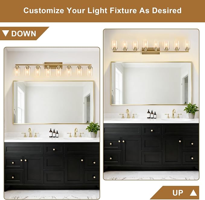 IZORRO Modern Bathroom Light Fixtures, 8 Light Gold Vanity Lights, Bathroom Lighting Fixtures Over Mirror with Clear Glass for Living Room Cabinet Bedroom