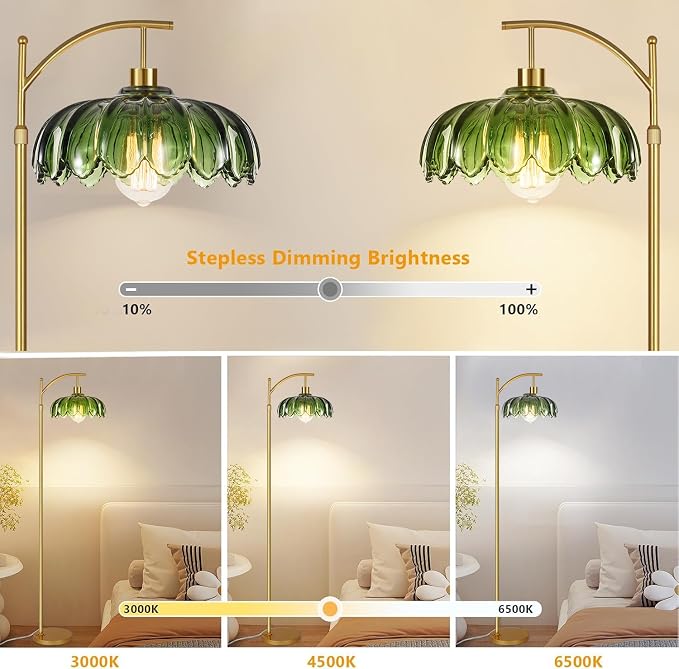 AHDWDW Gold Floor Lamp for Living Room Bedroom with Remote,Unique Vintage Standing Tall Lamp,Mid Century Modern Floor Lamps with Dimmable Bulb,Arc Green Glass Floor Lamps for Office Corner