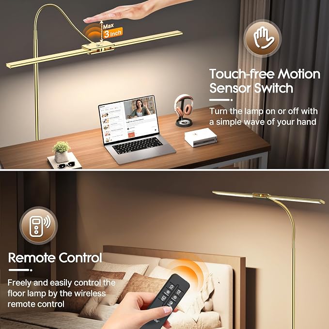 Syrinx LED Floor Lamp, 18W 2000LM Bright Reading Floor Lamp for Office, Gesture & Remote Control, Dual Head Gooseneck Standing Lamp, Dimmable Brightness & Color Temp, Floor Light for Living Room, Gold