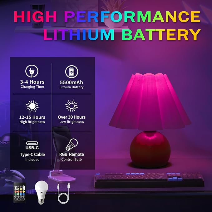 Rechargeable Cordless Green Small Table Lamp, Battery Operated Remote Control LIght Mini Cute Table Lamps for Bedroom Nightstand, Cute Small Table Lamp for Small Spaces for Kitchen Counter, Bookshelf