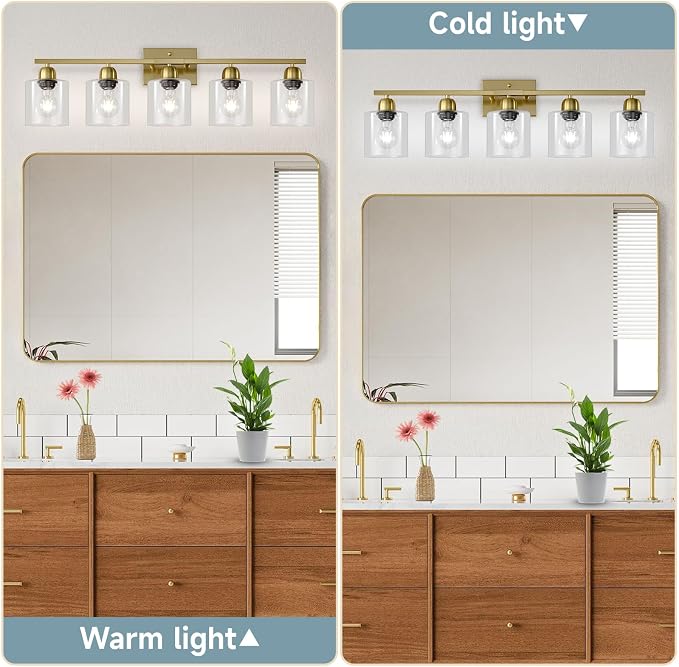 Modern Brushed Gold 5 Light Bathroom Vanity Light,31 inch Vanity Lights for Bathroom with Clear Glass for Mirror Kitchen Living Room Hallway Cabinet Porch