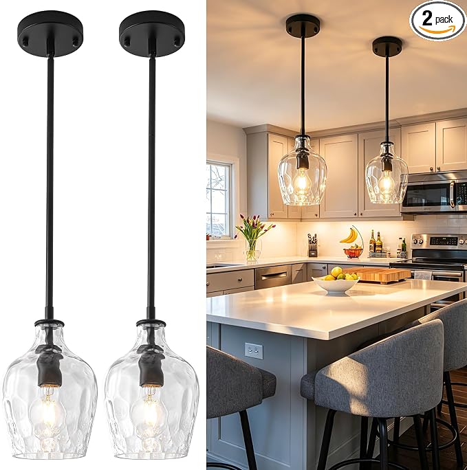 Black Pendant Lights Kitchen Island 2 Pack, Modern Hammered Glass Kitchen Pendant Lighting Over Island, Adjustable Hanging Island Lights for Kitchen, Sink, Entryway