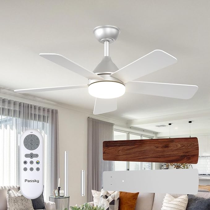 Passky 42 Inch Silver Sleek Ceiling Fans with Lights, Remote Control | 3-color dimmable light, quiet reversible DC motor, easy install, memory, Timer, bedroom, covered outdoor areas
