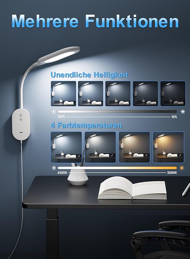 Wall Mounted Reading Light, Book Lights for Reading in Bed with CRI 95+ for Eye Care, 4 Color 5 Dimmable, 2A USB Output, 4-Hour Auto Off, Flexible Gooseneck Bed Headboard Reading Lamp White