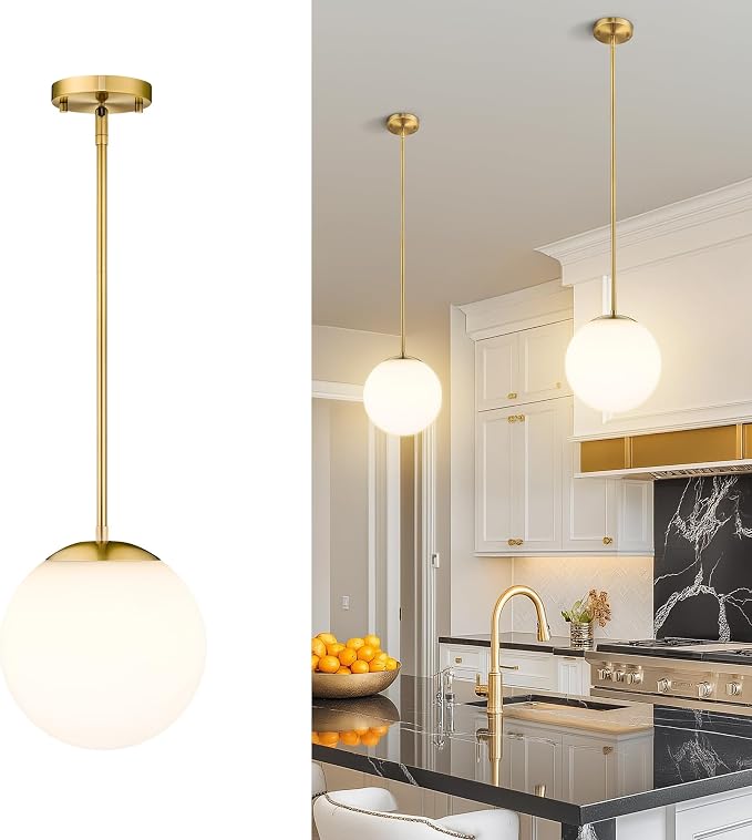 10 Inch Globe Pendant Lights, Brushed Gold Mid Century Kitchen Island Light Fixtures with White Globe Glass Shade, Adjustable Hanging Rod, Dining Room Kitchen, LMS-186PL-BGW-10