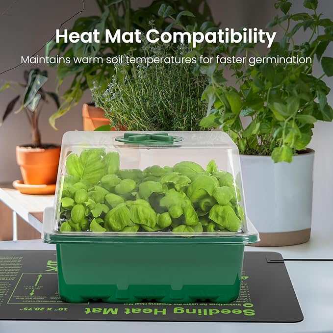 MIXC Seed Starter Kit with Grow Light, Elevated Seedling Tray Kit with Adjustable Humidity Dome and Clear Cell Tray, 12 Full Spectrum Led Beads for Seed Starting Greenhouse, 4 Pack, Green