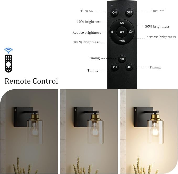 Rayogale Wireless Battery Operated Wall Sconce Set of 2 with Remote Control | Black & Gold Dimmable Rechargeable Wall Lights with Timer, Easy Install Glass Lamp for Living Room Bedroom, Emergency 3000K