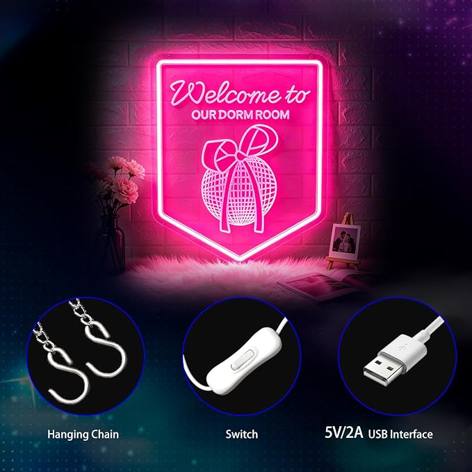 Neon Sign, Dorm Room Neon Signs for Wall Decor LED Signs Neon Light | Welcome to Our Dorm Room Neon Sign for Bedroom, College Dorm Decor, Party, Club, Home Decor, Pink Decor, Gift, USB Powered