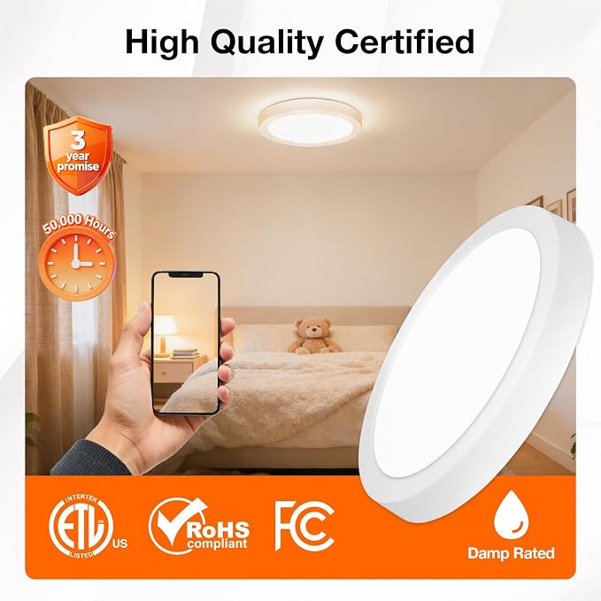 Sylvania 12" LED Flush Mount Ceiling Light Fixture, 24W, 1600 LMS, Hardwired, 3000K, Warm White, White, LED Lights for Bedroom Kitchen Hallway Porch - 1 Pack (66460)