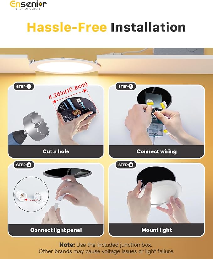 Ensenior 4 Pack 4 Inch LED Recessed Light, Dimmable, 2700K-5000K 5CCT, 750LM High Brightness, 9W 120V, Damp Rated, Ultra-Thin Canless Wafer Ceiling Light - ETL & FCC & IC