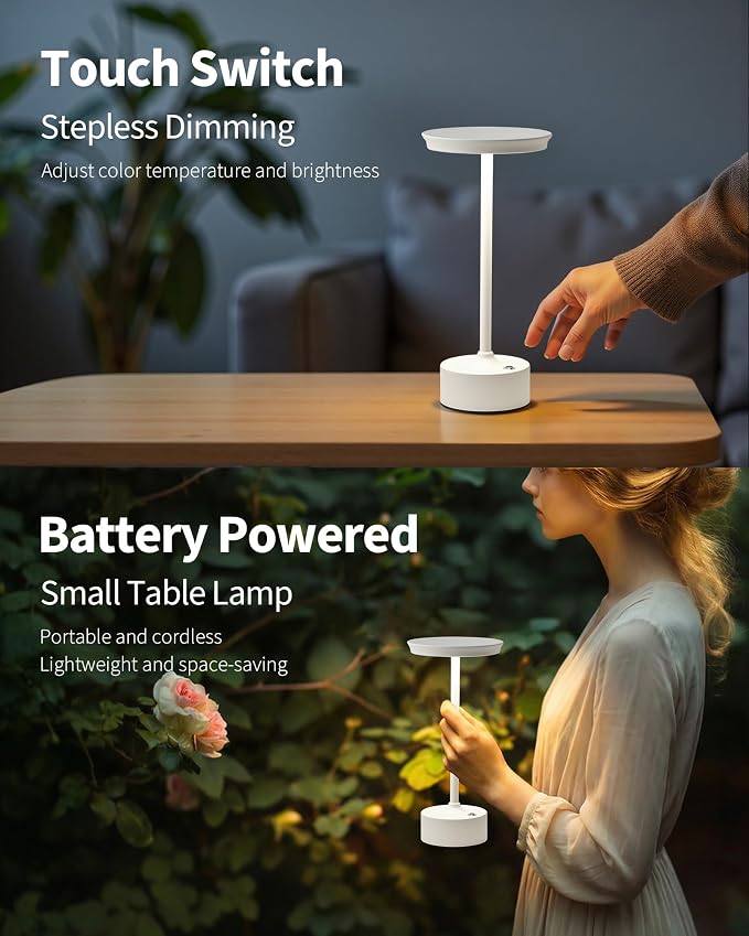 PUSU Rechargeable Table Lamps Set of 2, White Cordless Portable Desk Lamp | 4000mAh Battery, Stepless Dimming & 3 Color 2700K-6000K, LED Lamp for Bedroom, Living Room, Restaurant, Outdoor, Night Light