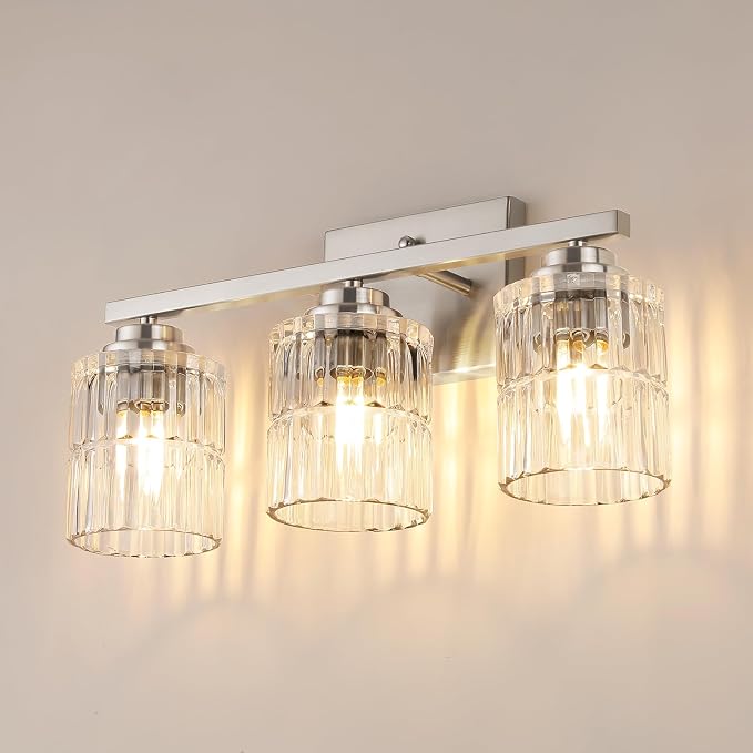 TALOYA Nickel 3Light Bathroom Vanity Light with Fluted Cylinder Glass Shade | Modern Vanity Lighting Fixtures, Bathroom Lights Over Mirror, Wall Mount Mirror Light Fixtures for Bathroom Hallway Bedroom