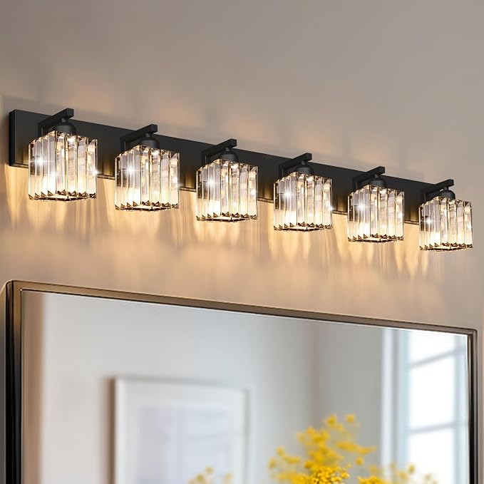 Black Crystal Bathroom Vanity Light, 6-Light Modern Bathroom Lighting Fixtures Over Mirror, Matte Black Wall Sconce Light Fixtures with Square Shade