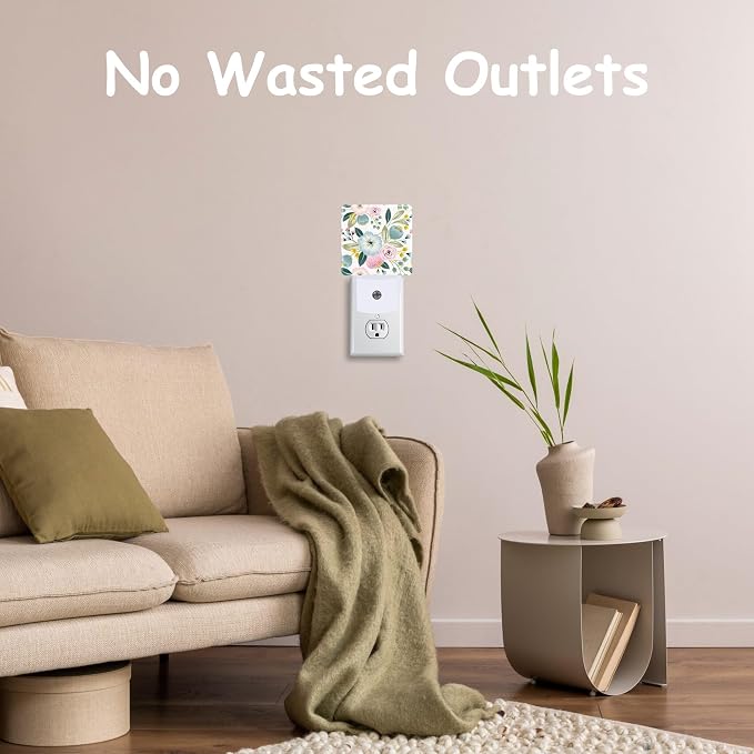 Spring Flowers Night Light,Pink Green Floral Plug-in Night Light Auto Dusk-to-Dawn Sensor Energy Efficient LED Lamp for Room Decor,Hallway,Kitchen,Bathroom,Nursery,Stairs