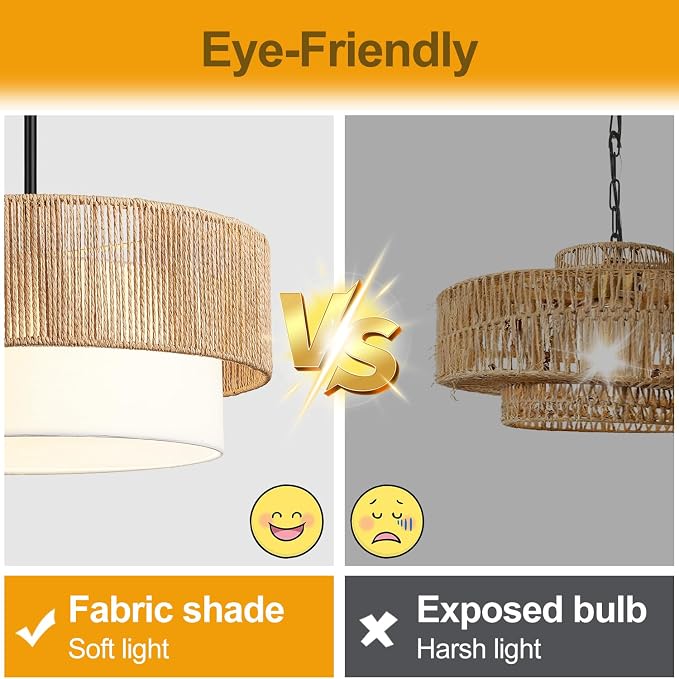 9"-52" Height Adjustable Farmhouse Chandelier Light Fixture, 5-Light Rattan Boho Chandeliers for Dining Room, Hand Woven Pendant Light with Linen Shade, Rustic Hanging Lighting for Kitchen Island