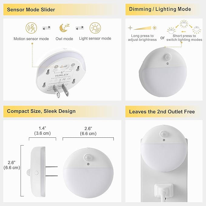 Amber Night Lights Plug into Wall, Motion Sensor Nightlight, 2 Pack | 3 Modes, Dimmable, Soft Glow 1-15lm, Auto Dusk to Dawn Sensor, Plug in LED Lights for Bedroom, Sleep, Bathroom, Nursery, Kids