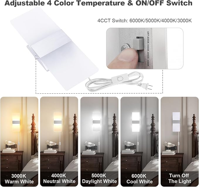 TRLIFE Modern Wall Sconce, Adjustable 4 Color Temperature LED Wall Sconce Plug in, 12W LED Acrylic Wall Mounted Light Wall Lights with 6FT Plug in Cord for Bedroom Bedside Stairway(1 Pack, Silver)