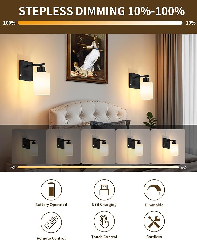 Wall Sconces Battery Operated Set of Two, Modern, White Glass, Black | Dimmable, Easy Install Rechargeable Wall Lights with Timer Remote for Living Room Bedroom, Emergency 3000K