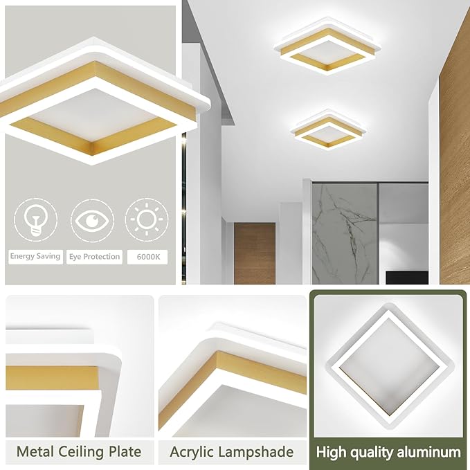 CANEOE 2 Packs Square Flush Mount Ceiling Light, 6000K Modern LED Ceiling Light Fixture, Minimalist Hallway Lighting Fixture Ceiling Lamp for Hallway Entryway Bedroom Balcony (Gold)