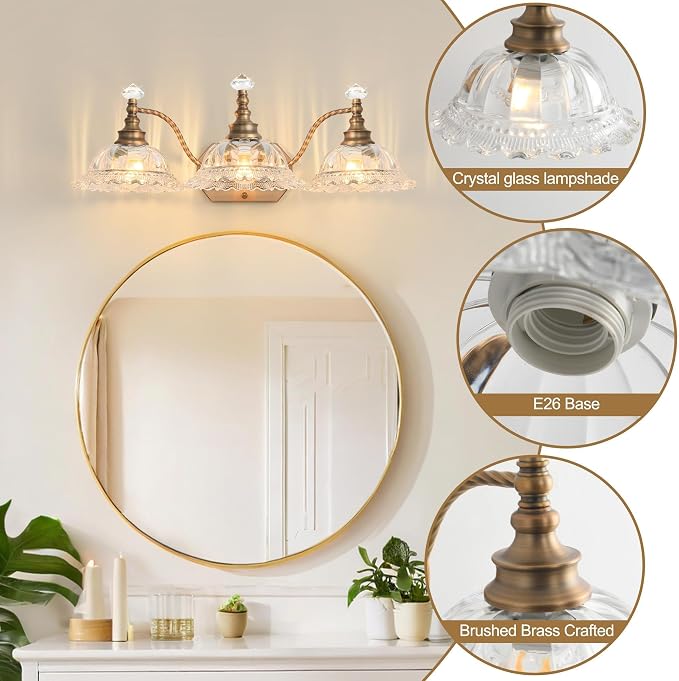 Vintage Bathroom Vanity Light Fixtures, 3-Light Matte Brass Finish Vanity Light with Floral Clear Glass Shades, Retro Wall Sconce for Mirror, Powder Room, Bedroom
