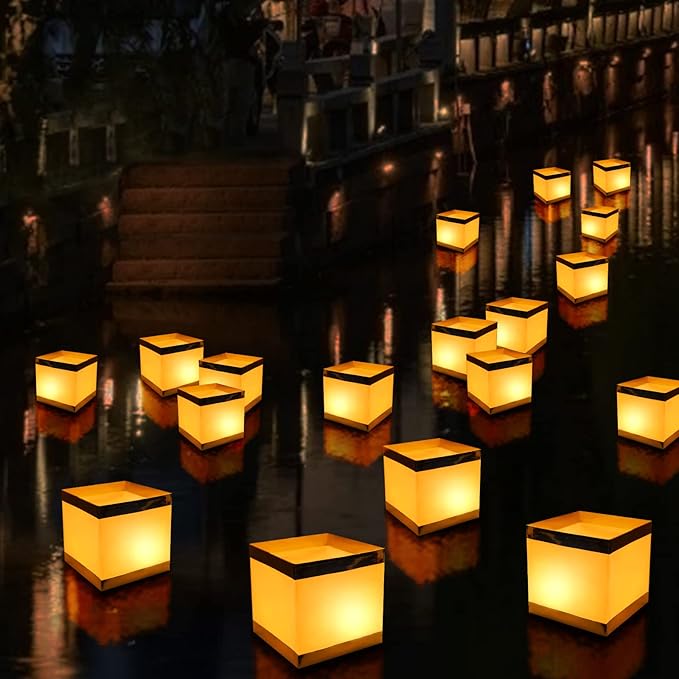 40Pack Paper Floating Water Lanterns,Gold+White Square Memorial Candle Lantern,Table Lanterns Decorative Outdoor for Weeding,Lawn,Pool ,Wishing (40Pack Paper Lanterns with Candles)
