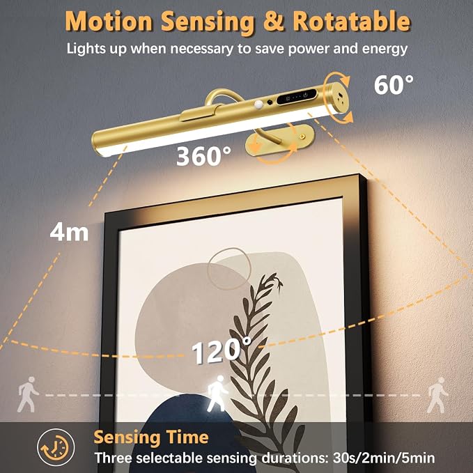 Hapfish Motion Sensor Battery Operated Wall Sconce,Wireless Picture Lights | Rechargeable Magnetic Art Lighting with Remote Control, Battery Picture Light for Wall Poster Dartboard Mirror - Gold