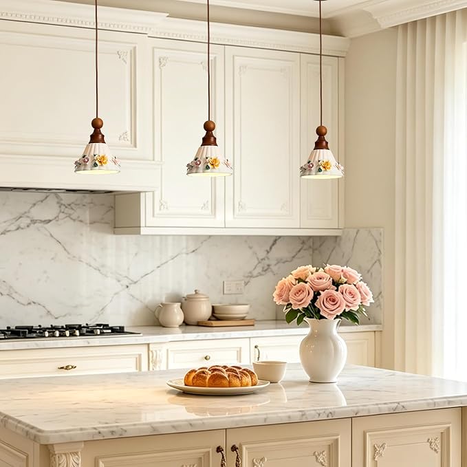 Vintage Ceramic Pendant Light, 6.7in Floral Porcelain Hanging Lamp with wooden Fitting, Mid Century Modern Small Hanging Lighting for Kitchen Island, Bedroom, Girl's Room, Cafe, Nursery, Entrance