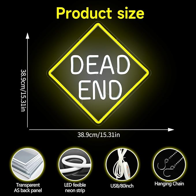 Dead End Neon Sign for Wall Decor Led Neon Lights Dimmable Light Up Sign for Bedroom Wall Light Up Sign for Bedroom Halloween Home Bar Club Man Cave Garage Decor