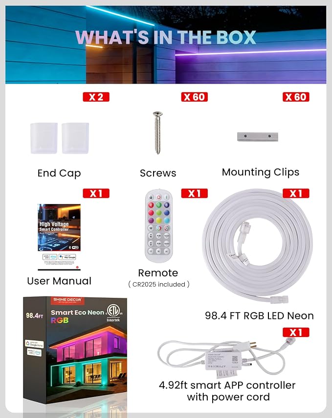 Smart LED RGB Neon Rope Lights AC 120V, ETL Expandable Color Changing Dimmable with Remote Compatible with Alexa, Google Assistant, Cold-Resistant & IP65 Waterproof, 8x16 mm, 98.4FT
