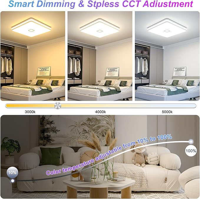 Airand 12.8 Inch Smart Ceiling Light, Dimmable LED Ceiling Light 3000K-5000K CCT with App Control, 24W 2050LM Square led Flush Mount Ceiling Lights for Living Room Bedroom