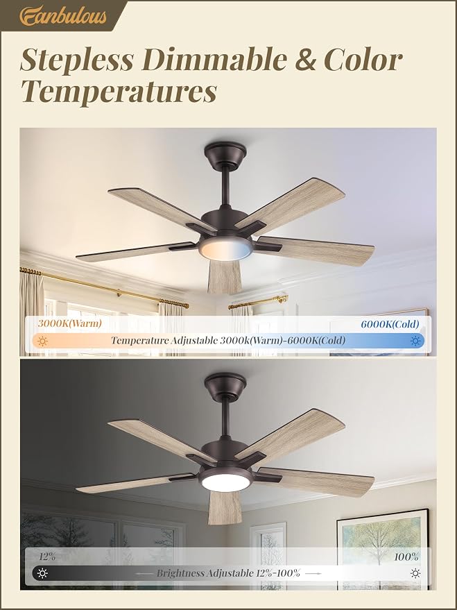 Fanbulous 42 Inch Oil Bronze Ceiling Fan with Light, Remote & APP Control | Stepless CCT & Dimmable Light, 20W LED Ceiling Fans, 6 Speeds, Reversible Quiet DC Motor, for Bedroom Living Room Apartment