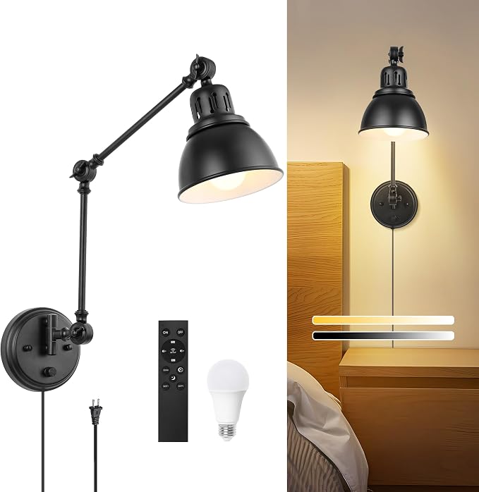 GOODATE 1 Pack Plug in Wall Sconce with Remote, Dimmable, Adjustable Colors, Swing Arm Wall Lamp, Plug in Wall Light with Timer & Night Light (Black, with Bulb+Remote)