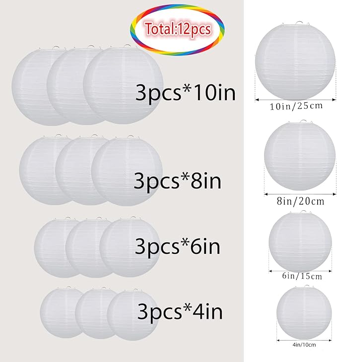 White Paper Lanterns Set (12Pcs) Round Hanging Paper Lanterns for Children's DIY Activities Wedding, Bridal, Outdoor, Garden, Home, Party Decorations