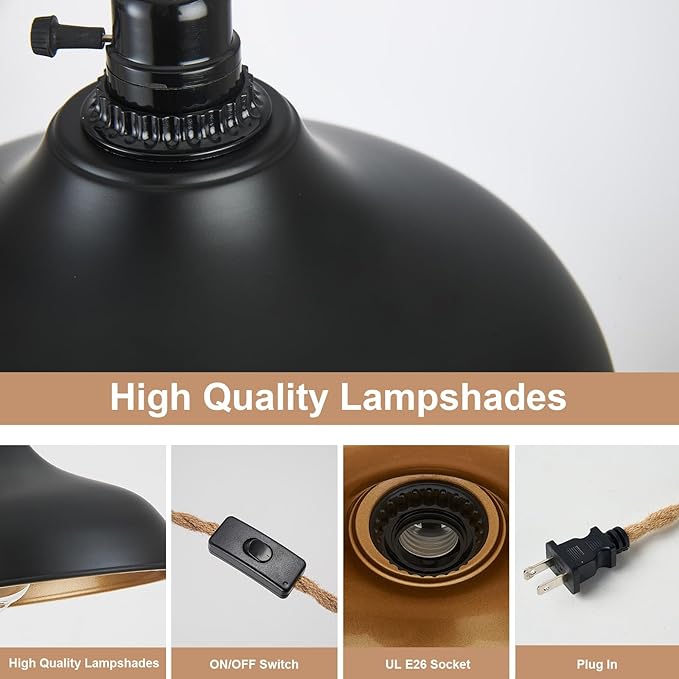 3 Light Plug in Pendant Lights Dome Hanging Lamp with Switch 22 Ft Long Hemp Rope Farmhouse Pndant Light Cord Lighting Fixture DIY Hanging Light