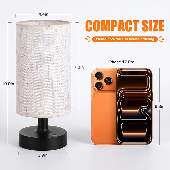 Kakanuo Small Cordless Table Lamp with Rechargeable Battery, Black, 1 Pack | Touch Stepless Dimming, 3000K Warm Light, Beige Fabric Shade, 30H at Full Brightness, for Bedside, Bedroom and Living room