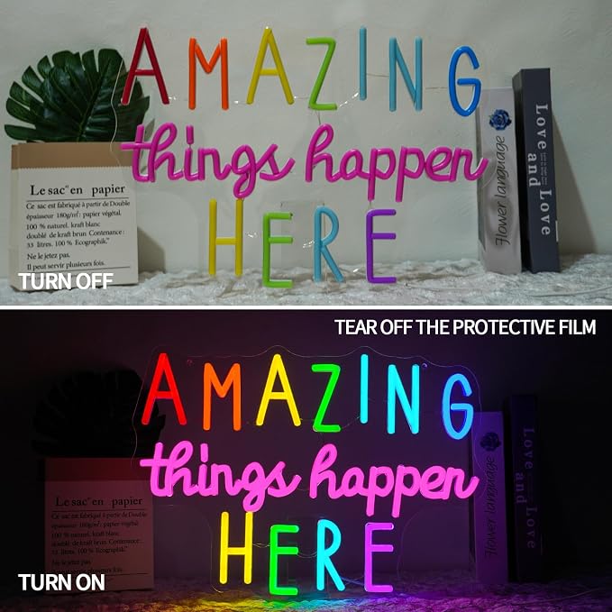 Amazing Things Happen Here Neon Sign Dimmable Positive Letters Neon Light Sign for Wall Decor Colorful Led Sign for Bedroom Cafe Bar Classroom Party Decor Birthday Gift 16.5" x 12"