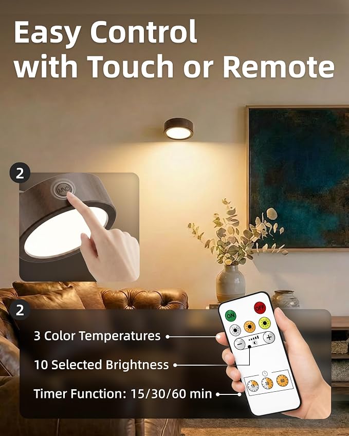 EZVALO LED Wall Mounted Light, 3000mAh Rechargeable Cordless Wall Sconce, Dimmable with Remote & Touch Control, 3 Color Temps, 360° Rotatable for Bedroom, Bedside, Reading(Walnut, 2Pack)