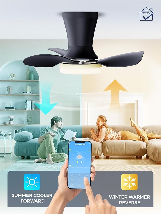 LANMEL Metal Ceiling Fan with Lights and Remote, 22 Inch, Gold & Black | Modern Low Profile Flush Mount, Reversible, 3CCT Dimmable, Quiet, LED, For Bedroom, Living Room, Indoor/Outdoor Patio Use