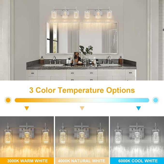Vanity Light with 3 Color Modes (3000K/4000K/6000K), Eye Protection LED Bathroom Light Fixture, Dimmable Modern Wall Light Over Mirror with Clear Glass Shade (Brushed Nickel, 3-Light)